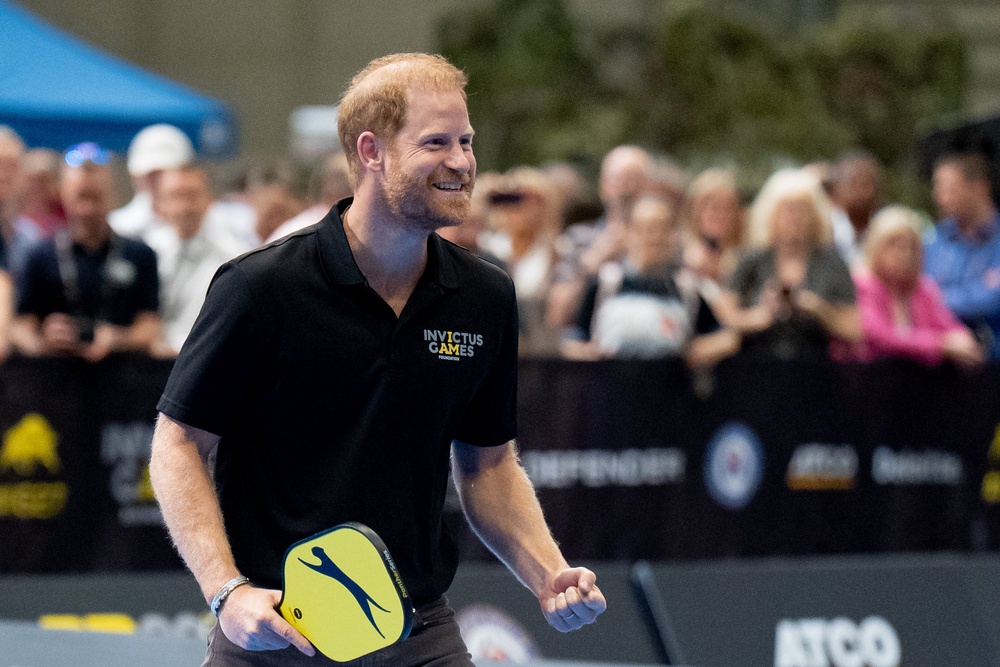 Harry takes part in a session of Pickleball during a visit to Birmingham in July as part of the One Year to Go celebrations for the Invictus Games (Aaron Chown/PA) (PA Wire)