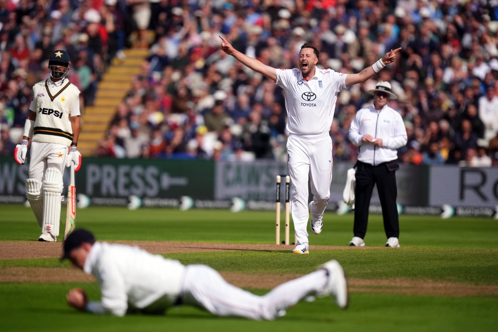 Ollie Robinson celebrates the wicket of Abdullah Shafique (Mike Egerton/PA) (PA Wire)