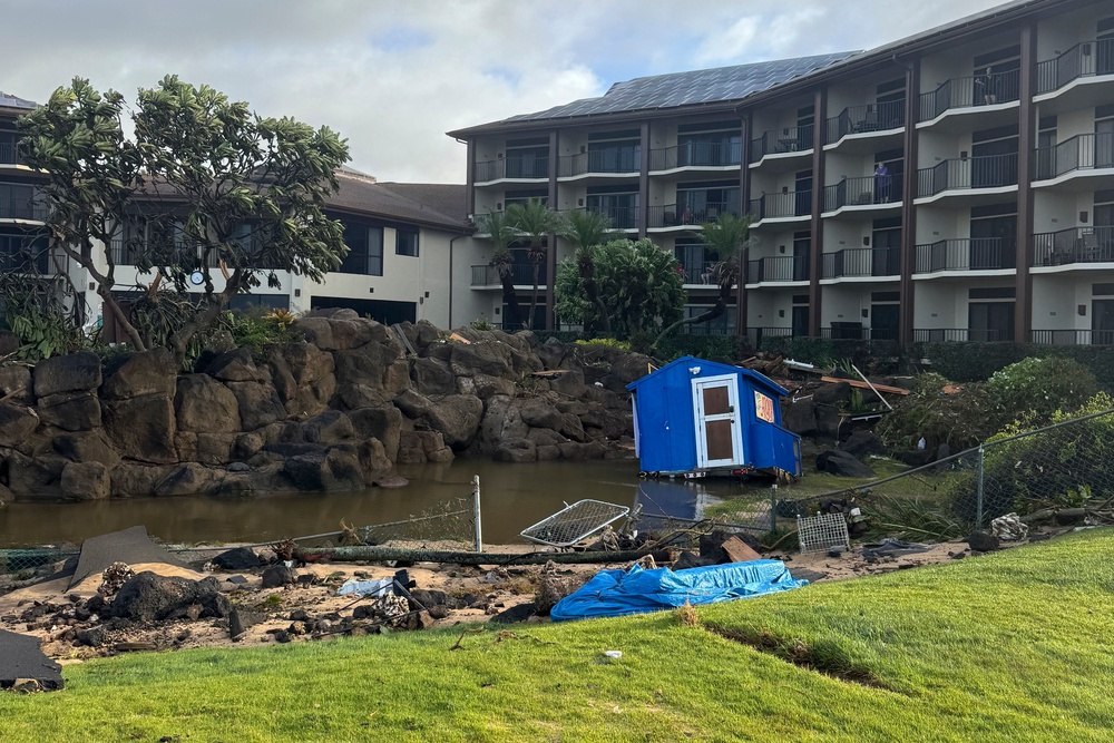 This photo taken with a smartphone Damage caused by Hurricane Lowell is seen on Tuesday, Sept. 8, 2026 in Poʻipū on Kauaʻi's south shore, in Hawaii. (Guy Miller/Honolulu Civil Beat via AP) (Guy Miller/Civil Beat/2026)