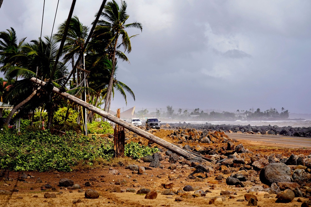 Damage caused by Hurricane Lowell is seen on Tuesday, Sept. 8, 2026 in Poʻipū on Kauaʻi's south shore, in Hawaii. (Kevin Fujii/Honolulu Civil Beat via AP) (Kevin FujiiCivil Beat/2026)