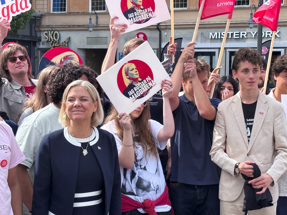 Social Democrat leader Magdalena Andersson stands outside the party's headquarters at the start of the election campaign in Uppsala, Sweden, August 3, 2026 (Reuters)