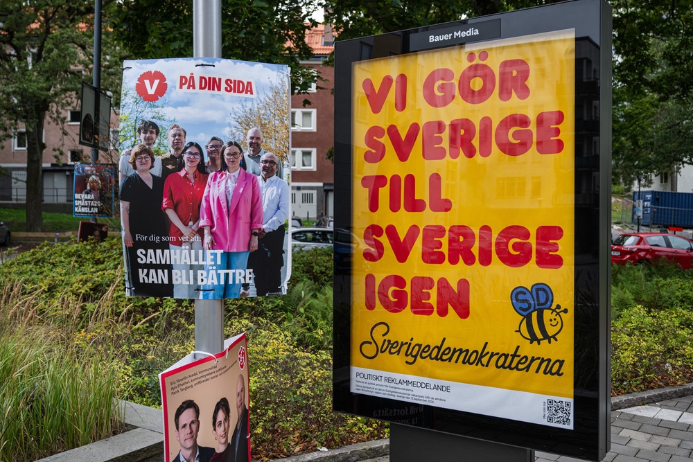 A Sweden Democrats election campaign poster reading “We make Sweden Sweden again” is displayed in Sundbyberg, near Stockholm, Sweden, on September 7 (AFP/Getty)