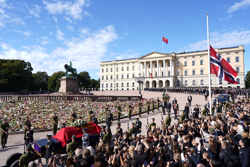 The coffin of His Majesty King Harald V is transported from the Royal Palace to Oslo Cathedral on September 09, 2026 in Oslo, Norway (Getty)