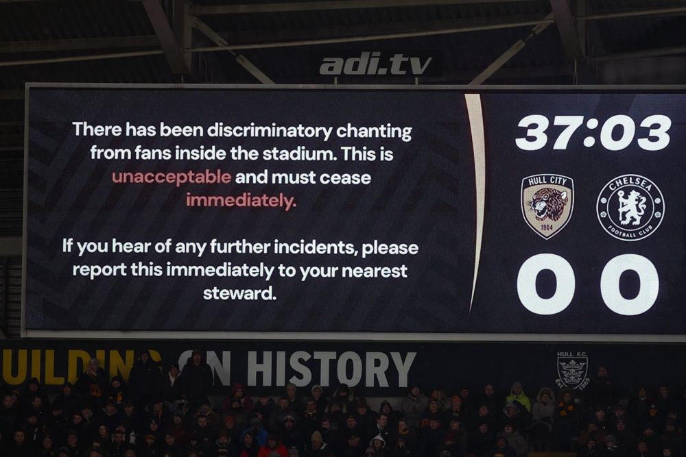 The LED board shows a warning message to the fans during Hull’s match against Chelsea in February (Getty)