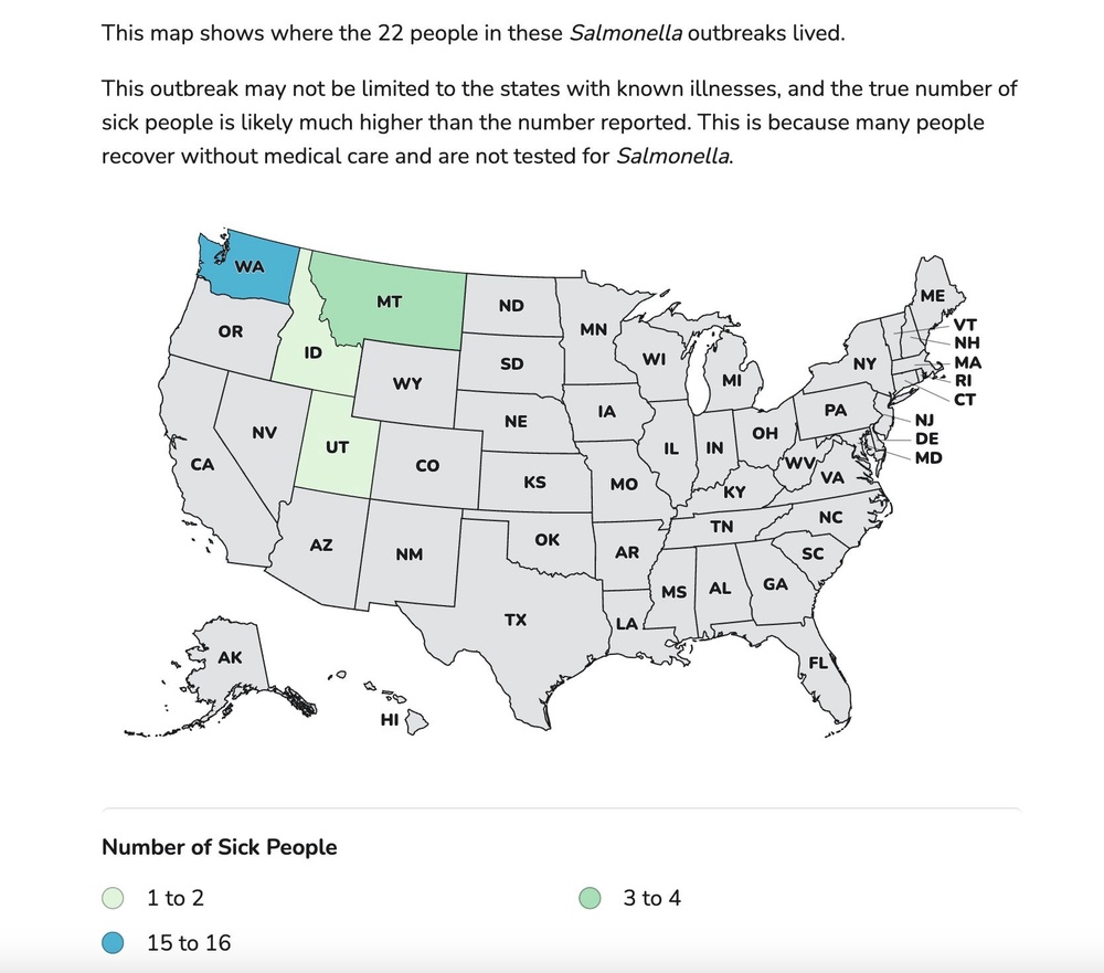 This Centers for Disease Control and Prevention map shows the states affected by the outbreak. Washington, in blue, has 15-16 cases and states in green have 3-4 cases (CDC)