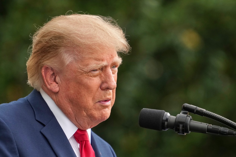 US President Donald Trump speaks during an observance ceremony on the 25th anniversary of the 9/11 attacks, at the Pentagon (Mark Schiefelbein/AP) (AP)