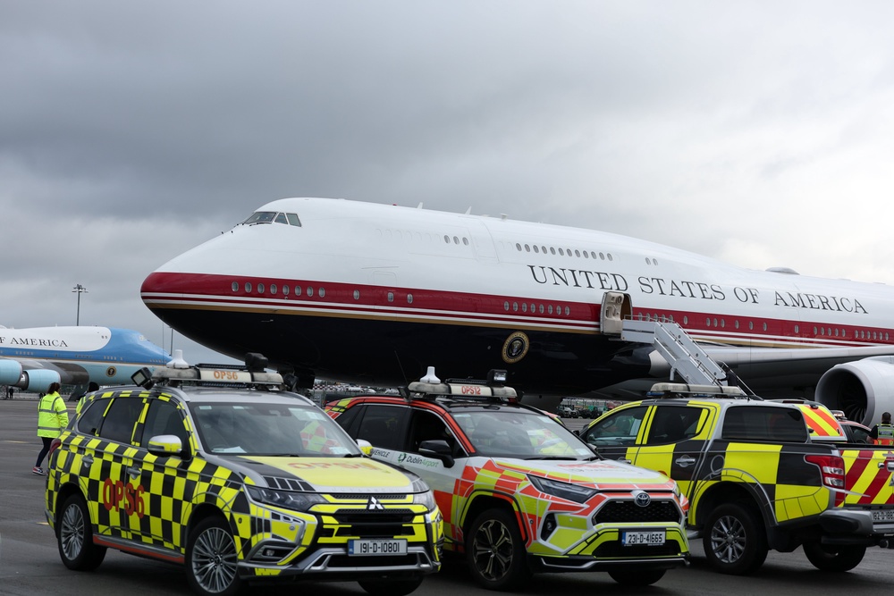 Garda vehicles after US President Donald Trump arrived on Air Force One (Clodagh Kilcoyne/PA) (PA Wire)