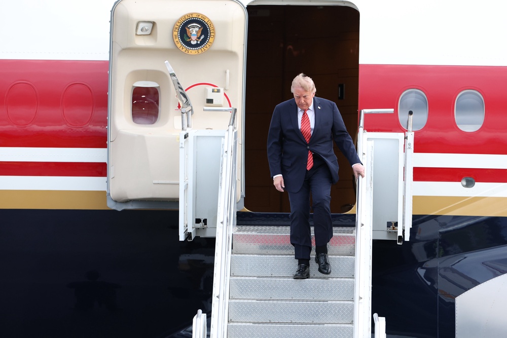 US President Donald Trump arrives on Air Force One at Dublin Airport (Clodagh Kilcoyne/PA) (PA Wire)