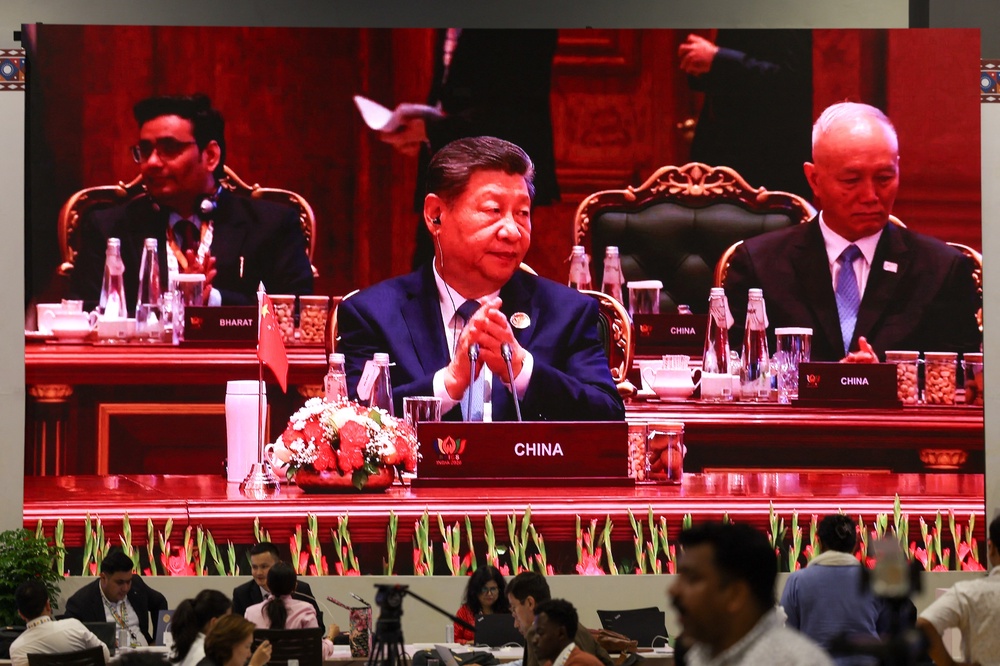 A screen shows Chinese president Xi Jinping during the Brics summit in Delhi, India, on 12 September 2026 (Reuters)