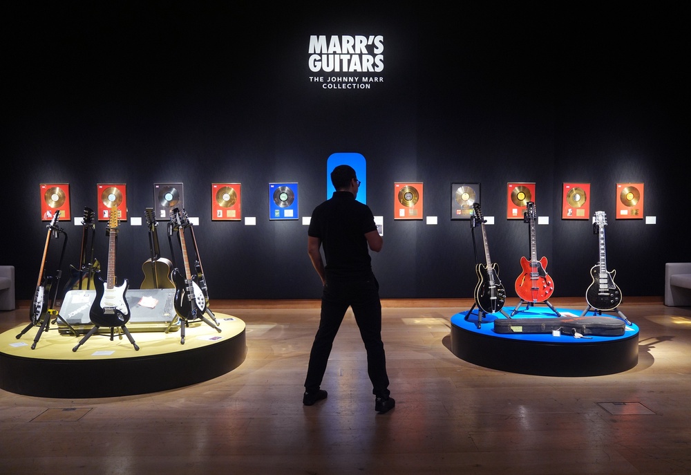A selection of guitars on display during the preview at Christie's in central London (PA)