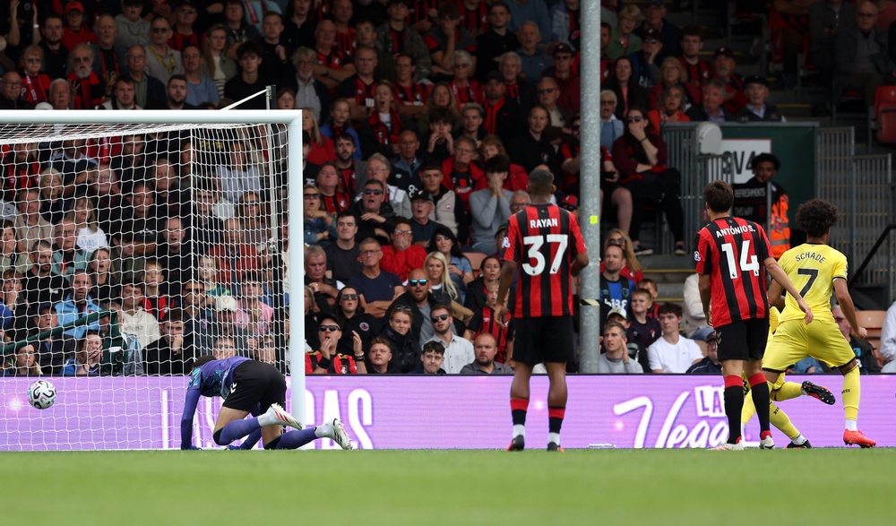 Kevin Schade lobbed into an unguarded net to equalise for Brentford (Getty)