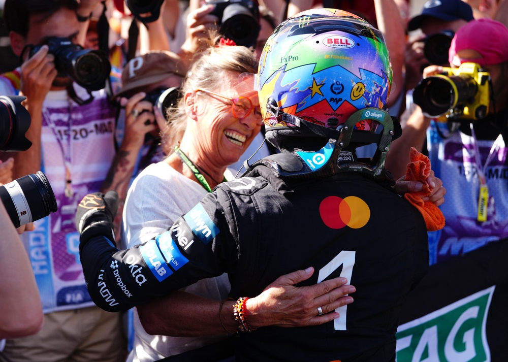 Norris celebrate his pole lap with his mother, Cisca in Madrid (David Davies/PA) (PA Wire)