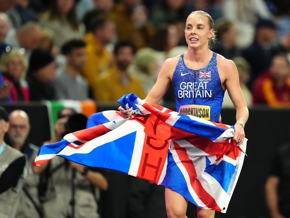 Keely Hodgkinson celebrates her second-placed finish (Martin Rickett/PA). (PA Wire)
