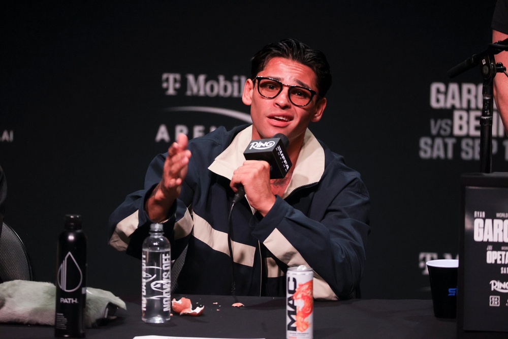 Ryan Garcia at Thursday’s press conference (AP)