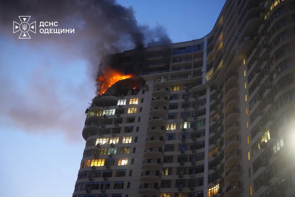 A residential building is seen in fire following a Russian air attack in Odesa, Ukraine, Saturday, 12 September 2026 (AP)