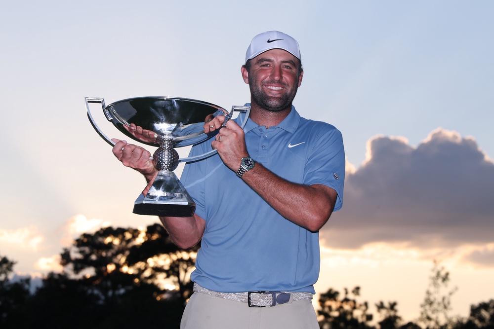 Scottie Scheffler of the United States poses with the trophy after winning the final round of the TOUR Championship 2026 at East Lake Golf Club on August 30, 2026 in Atlanta, Georgia (Getty)