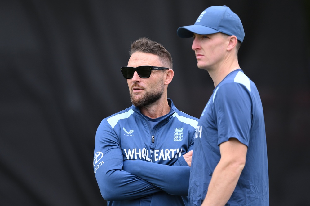 England white-ball head coach Brendon McCullum and captain Harry Brook in conversation (Gary Oakley/PA) (PA Wire)