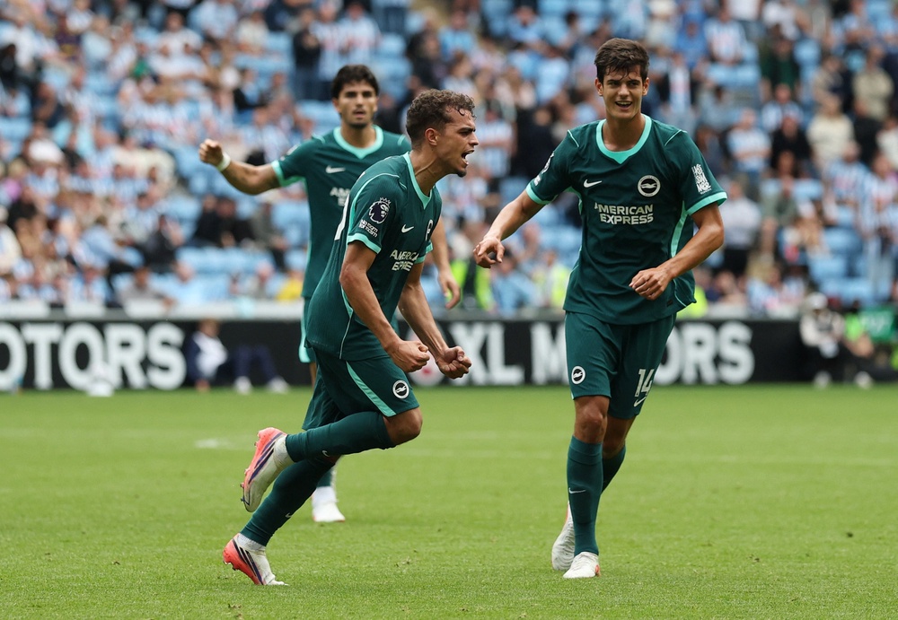 Brighton and Hove Albion's Yasin Ayari celebrates scoring their fifth goal against Coventry (Reuters)
