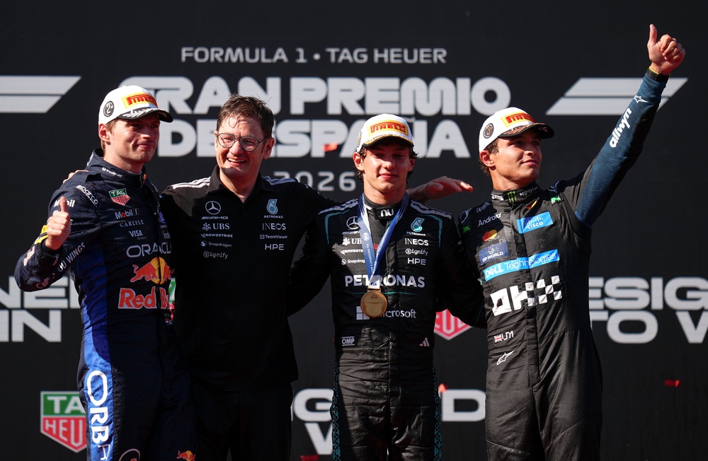 Kimi Antonelli (second right) celebrates winning the Spanish Grand Prix, alongside Max Verstappen (left) and Norris (right) (David Davies/PA) (PA Wire)