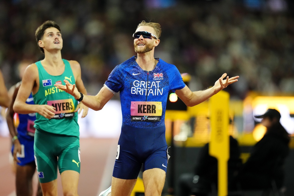 Josh Kerr celebrates after winning the men’s 1500m final (Martin Rickett/PA) (PA Wire)