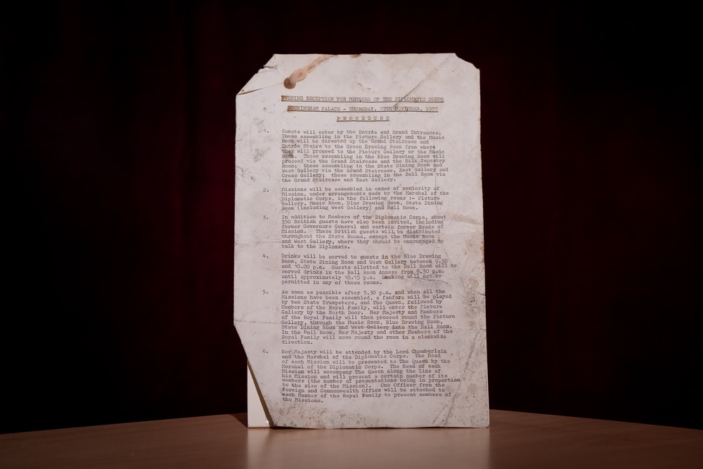 The Procedure for the Evening Reception for the Members of the Diplomatic Corps at Buckingham Palace on November 17 1977, uncovered during the reservicing works (Aaron Chown/PA)