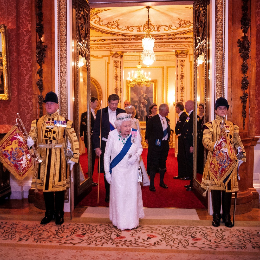 Queen Elizabeth II entering the room years later at the annual evening reception for Members of the Diplomatic Corps at Buckingham Palace in 2019 (Victoria Jones/PA) (PA Archive)
