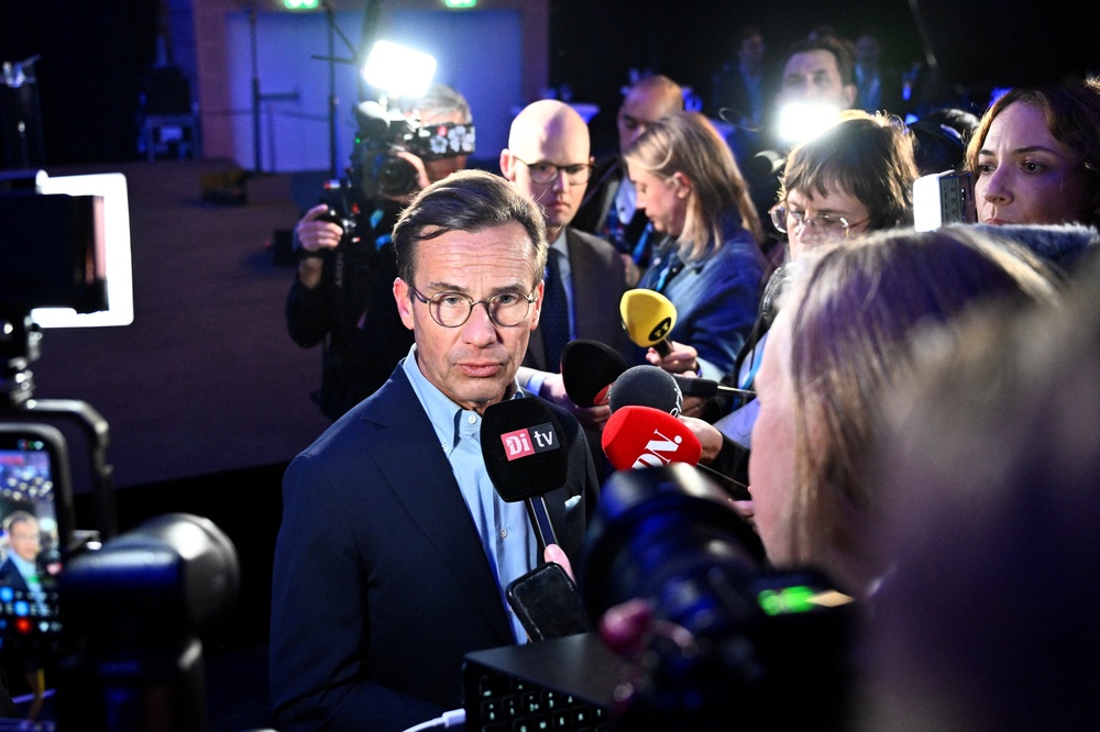 Moderates party leader Ulf Kristersson speaks during an interview during the Moderates' election night watch party in central Stockholm (Reuters)