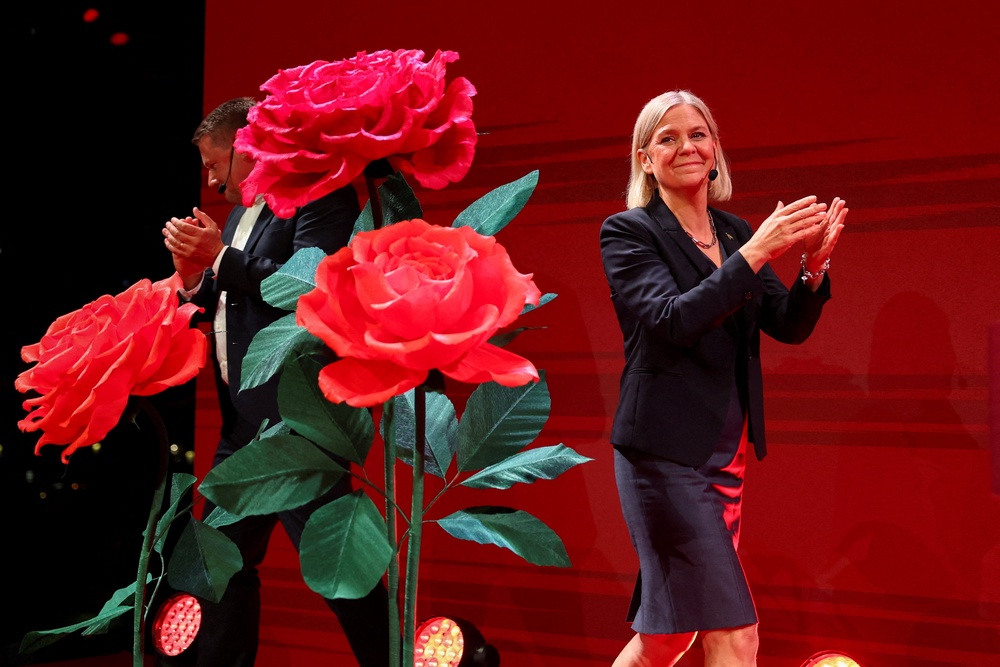 Swedish Social Democratic Party Magdalena Andersson claps on stage as the general election's voting results are released in Stockholm, Sweden (Reuters)