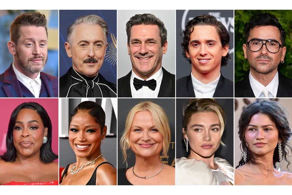 Nominees at this years Emmy Awards including Macaulay Culkin, Alan Cumming, Jon Hamm, Marcello Hernández, and Dan Levy, bottom row from left, Niecy Nash-Betts, Keke Palmer, Amy Poehler, Florence Pugh, and Zendaya (AP)
