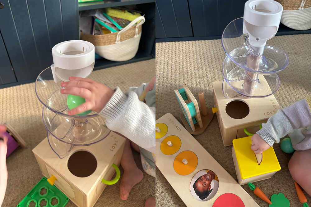 The play kit combines toys to develop fine-motor skills, communication and balance (Katie Byrne/The Independent)