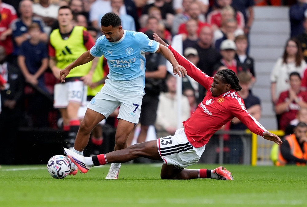 Patrick Dorgu having to play left-back highlights the issues at United currently (PA)