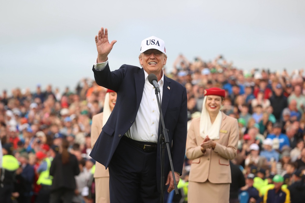 US President Donald Trump speaking after the Irish Open (Liam McBurney/PA) (PA Wire)
