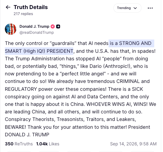 President Donald Trump ranted against call for AI 'guardrails' on Truth Social Monday morning (Truth Social)