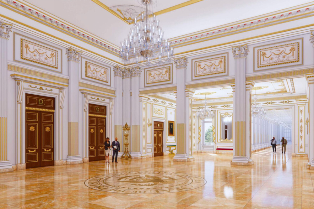 Trump's ballroom will have marble flooring, gold detailing and ornate chandeliers, according to the new concept art (@realDonaldTrump)