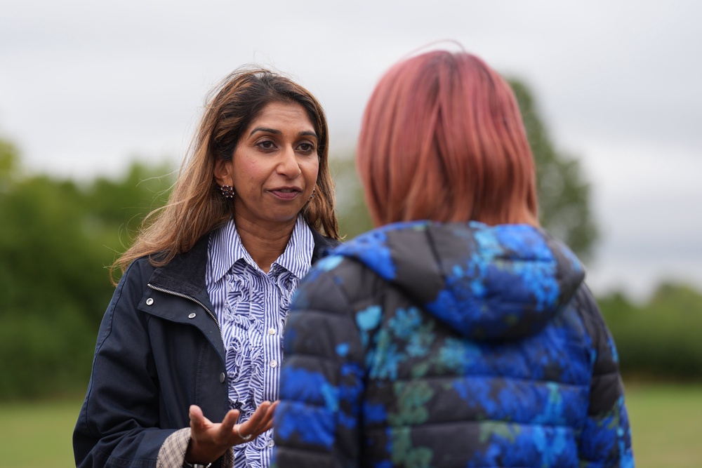 Reform UK education spokeswoman Suella Braverman (left) speaks to a female resident of Piddington in Oxfordshire about the plans (Joe Giddens/PA) (PA Wire)