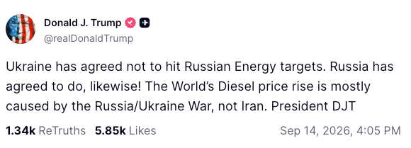 Trump claims oil price rise is not sue to the war in Iran (Truth Social)
