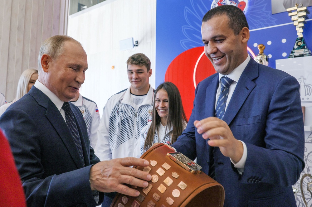 Umar Kremlev (right) the head of the International Boxing Association, which has a controversial, long-standing financial relationship to Russian state-owned energy giant Gazprom, helped funnel tens of thousands of dollars into Trump Jr’s intimate wedding (AFP/Getty)