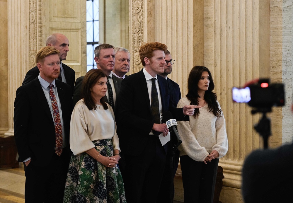 Matthew O’Toole and members of the SDLP in the Great Hall at Parliament Buildings (Mark Marlow/PA). (PA Wire)