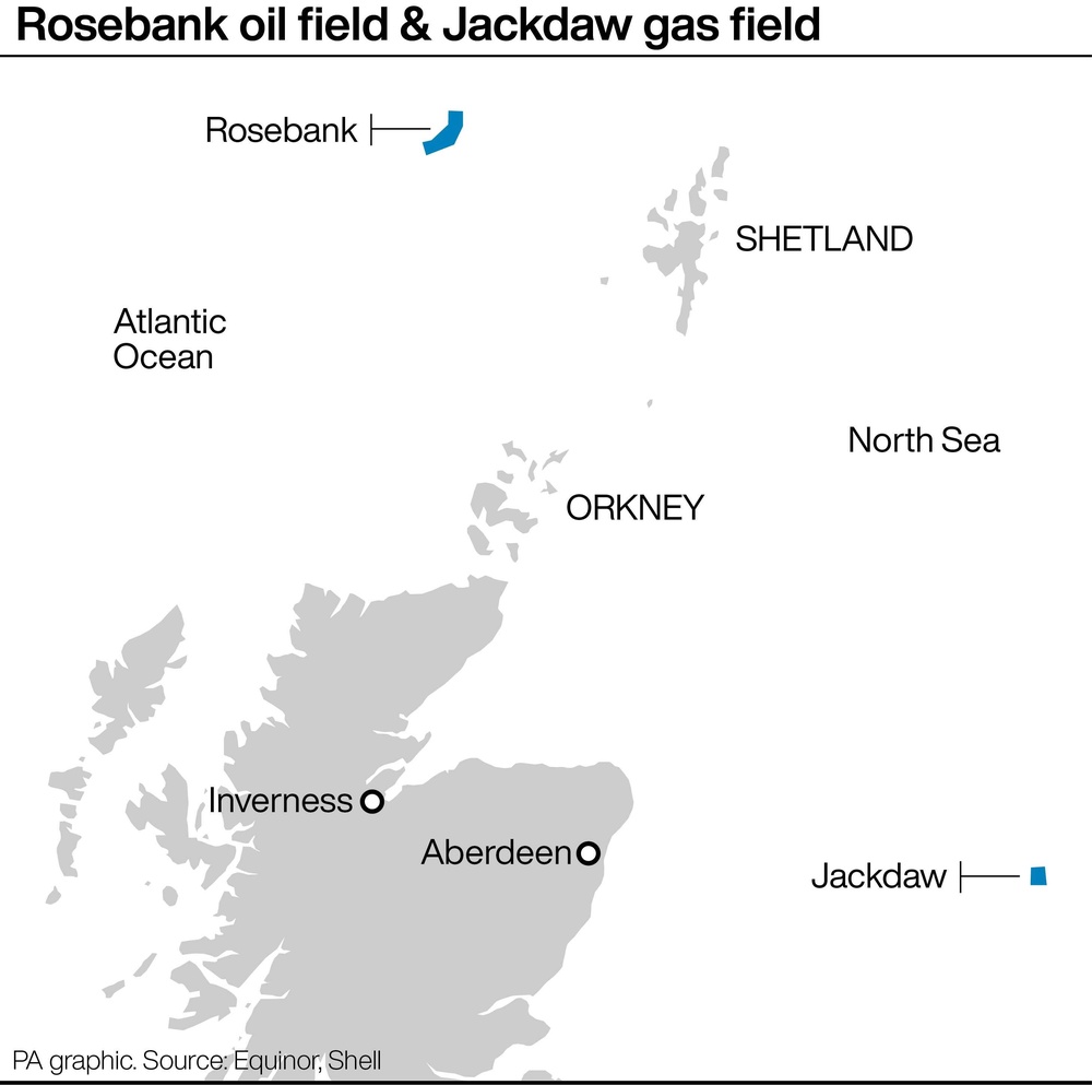Rosebank oil field & Jackdaw gas field. See story COURTS Rosebank. Infographic PA Graphics. An editable version of this graphic is available if required. Please contact graphics@pamediagroup.com.