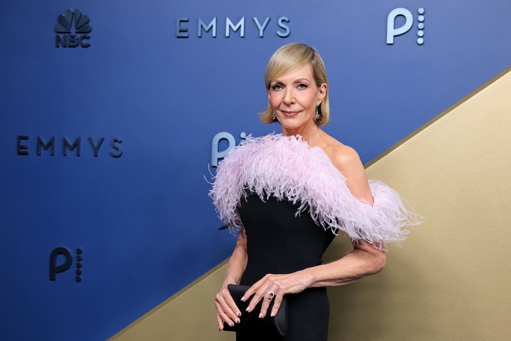 'The Diplomat' star's feathered neckline elevated the plain black frock in the best way (Getty)