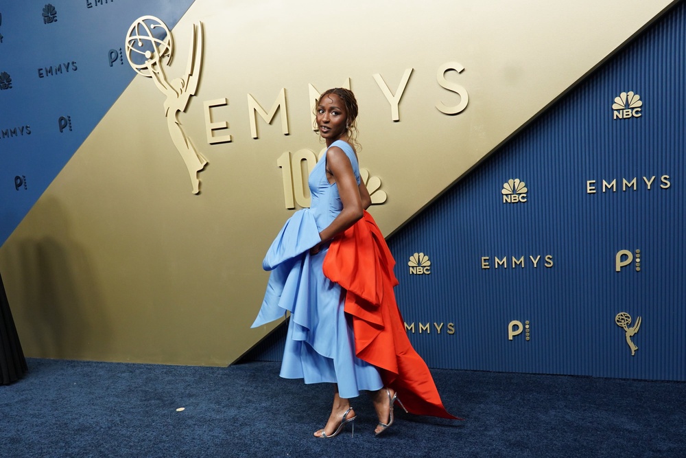 'The Bear' star Ayo Edebiri opted for a colorful frock for the Emmys. The pale blue was definitely a theme of the night. But paired with the burnt orangey-red felt ... off (AP)