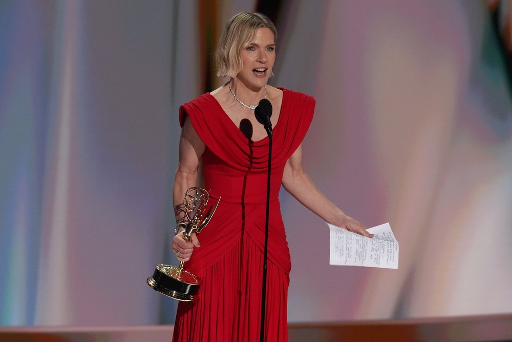 Rhea Seehorn was teary eyed accepting the lead actress Emmy for her role in 'Pluribus' (AP)