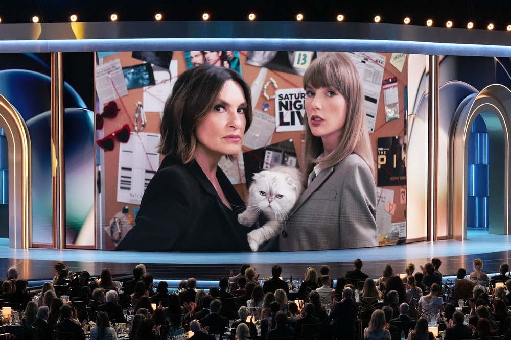Taylor Swift, right, appeared alongside host Mariska Hargitay in a pre-taped Emmys skit (AP)