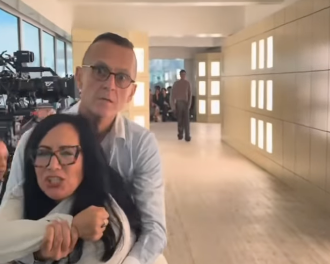 Footage captured at the Cos show at New York Fashion Week showed the CFDA’s Steven Kolb restraining an anti-wool protester (PETA)