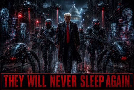 An AI-generated post, shared by President Donald Trump on his Truth Social account earlier this month. In it, he is seen leading a platoon of armed robots (Truth Social/@realDonaldTrump)