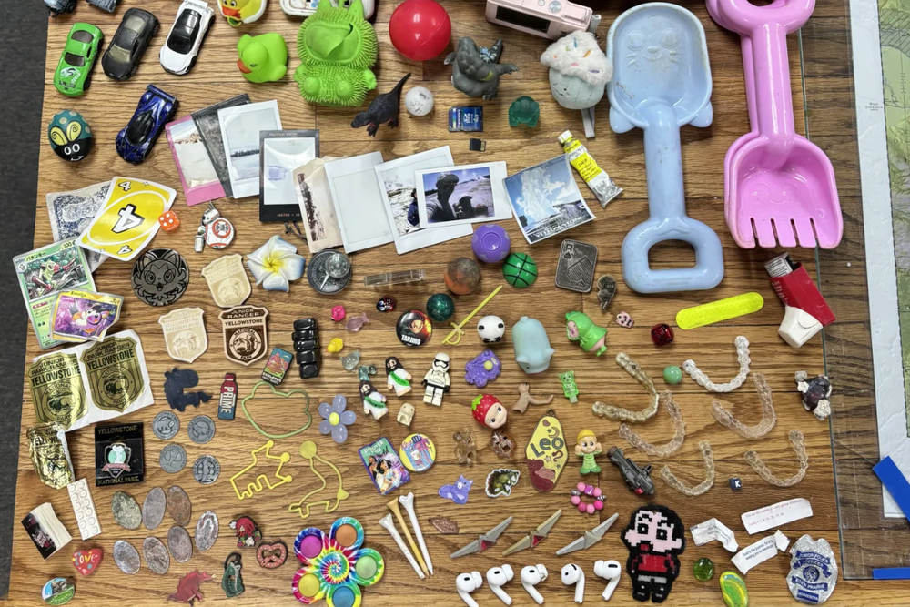 A selection of random trash that the Yellowstone National Park geology group removed during a hydrothermal area clean-up. The items include AirPods, airline flight pins, mini-Polaroid images, and five Invisalign retainers (Yellowstone National Park)