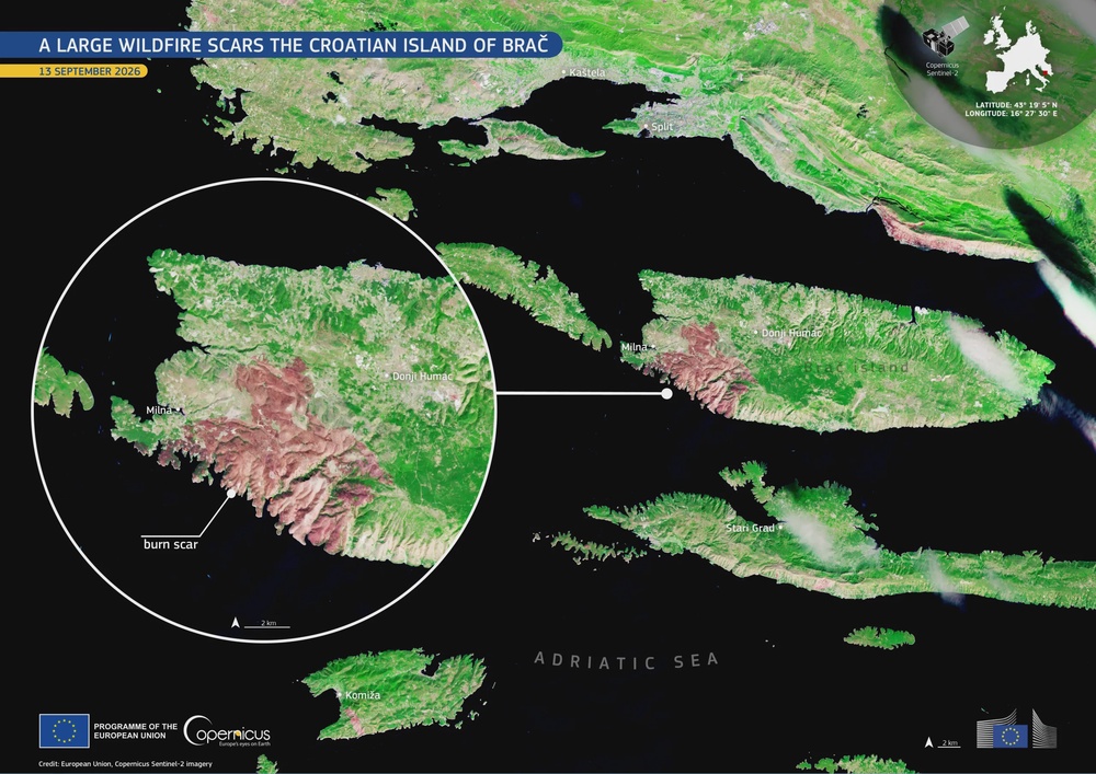 The wildfires largely affected southwestern parts of the island (European Union, Copernicus Sentinel-2 imagery)