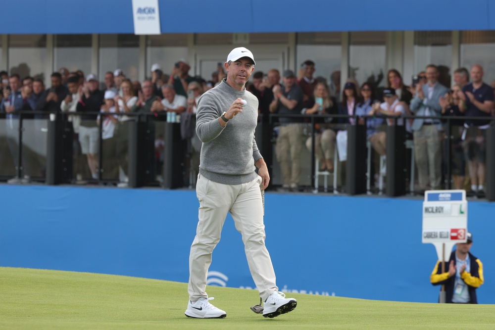 Rory McIlroy of Northern Ireland acknowledges the crowd at the Amgen Irish Open 2026 last week (Getty)