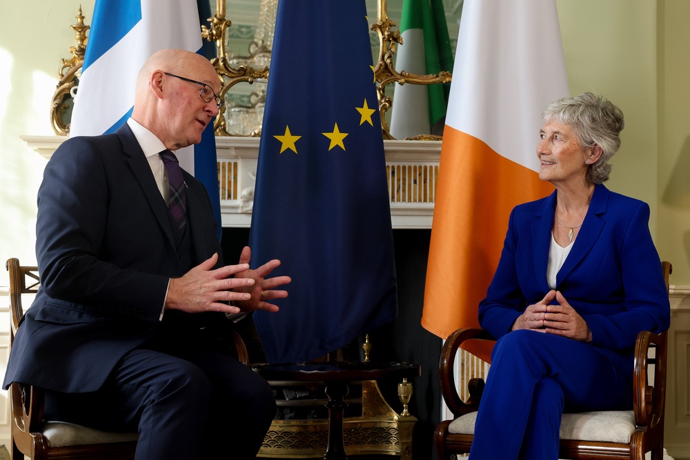 Irish President Catherine Connolly began her four-day visit to Scotland by meeting First Minister John Swinney at Bute House in Edinburgh (Tony Maxwell/PA) (PA Media)