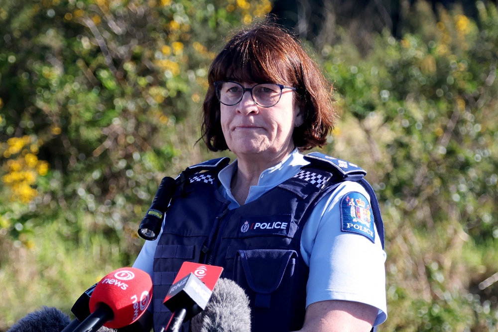 New Zealand Police Acting Deputy Commissioner Jill Rogers reacts during a media briefing at a roadblock where a police shootout occurred near the town of Piopio, located in New Zealand's Waikato region on September 8, 2025 (AFP/Getty)